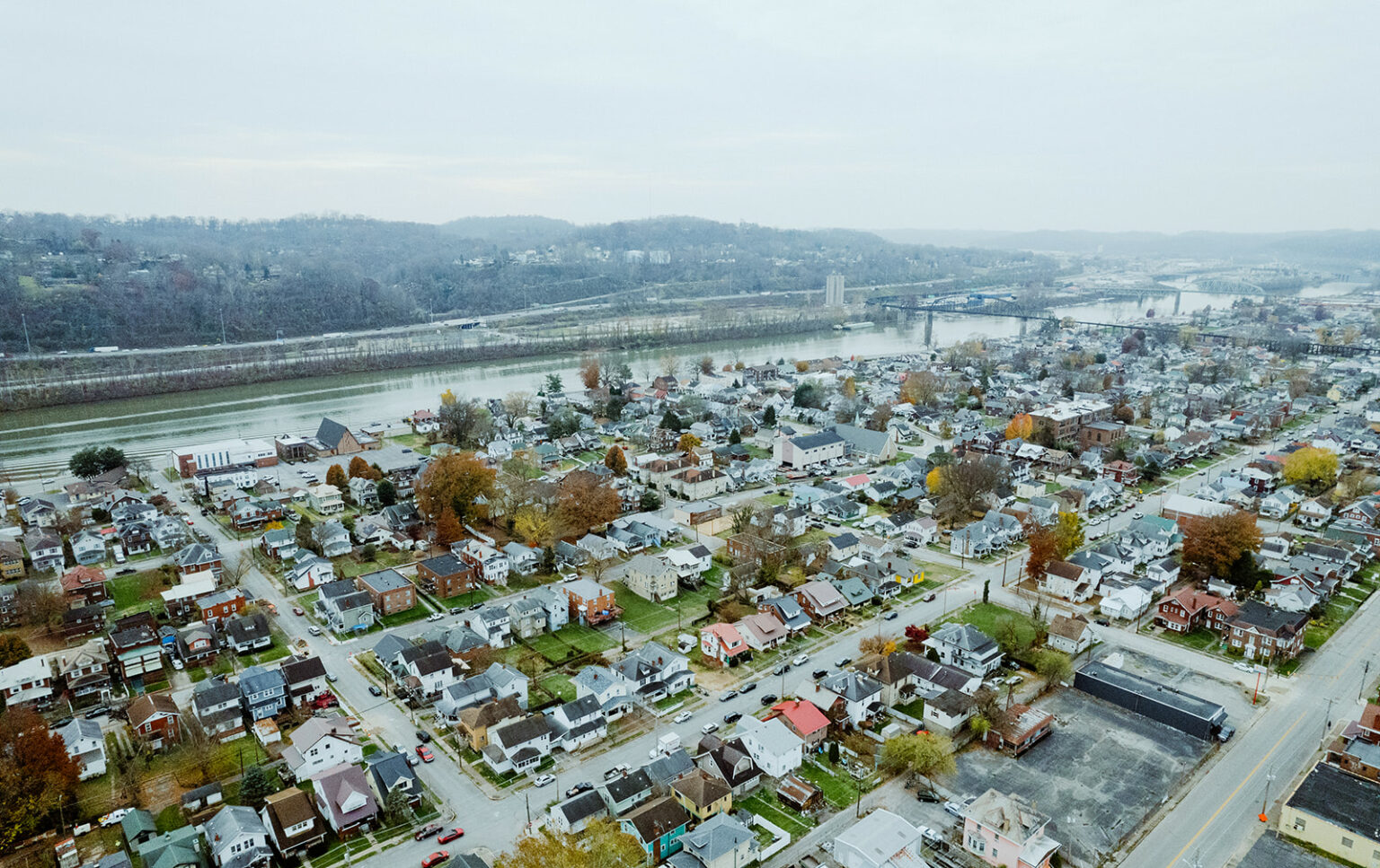 Overview of a riverside Appalachian community and it's residential blocks.
