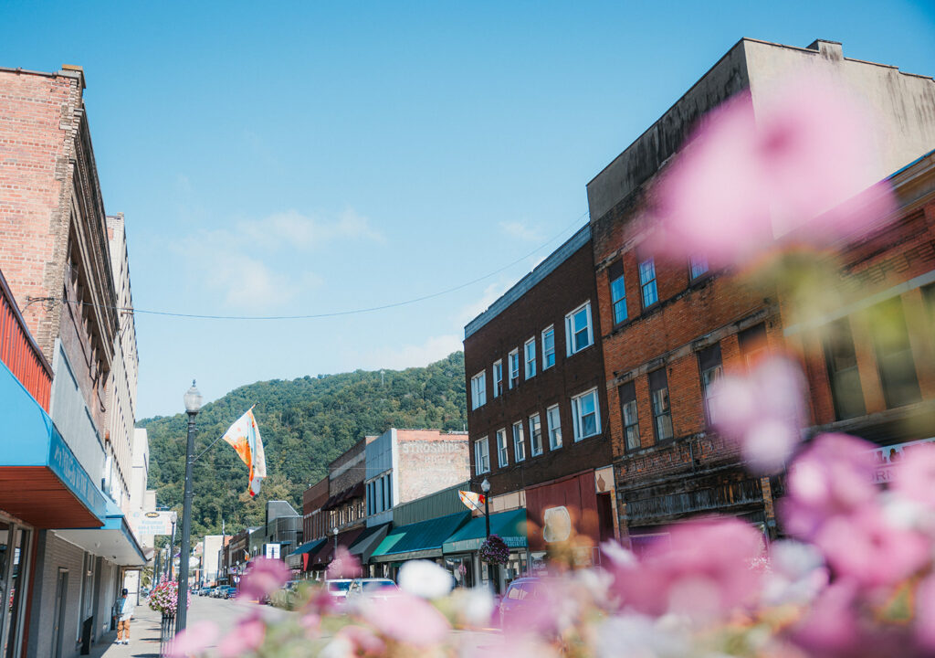 Williamson, WV's downtown architecture with springtime flowers.
