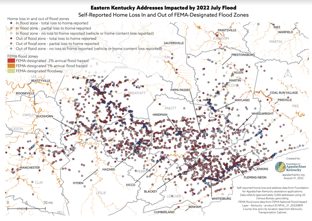 Figure 3. Self-reported damages to homes from 2022 flooding in Eastern Kentucky outline how the majority of flood damages are not located in federal flood zones (Foundation for Appalachian Kentucky, 2022).