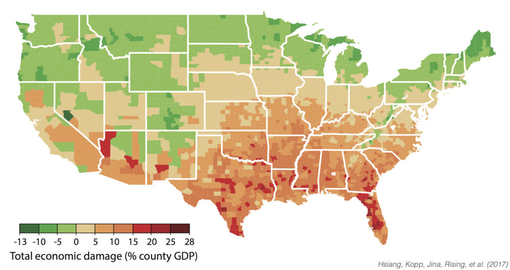 Figure 1. Projected economic damages at the county level as percent of GDP in the US from 2080-2099 (Hsiang et al., 2017). Shared with permission from AAAS.