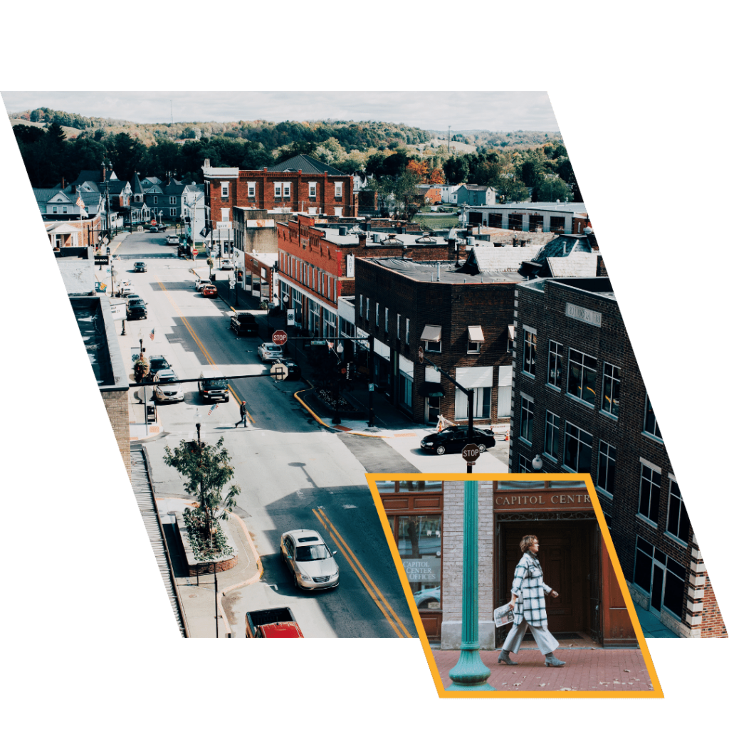 Image of a downtown in Appalachia with overlay image of a person walking down the street