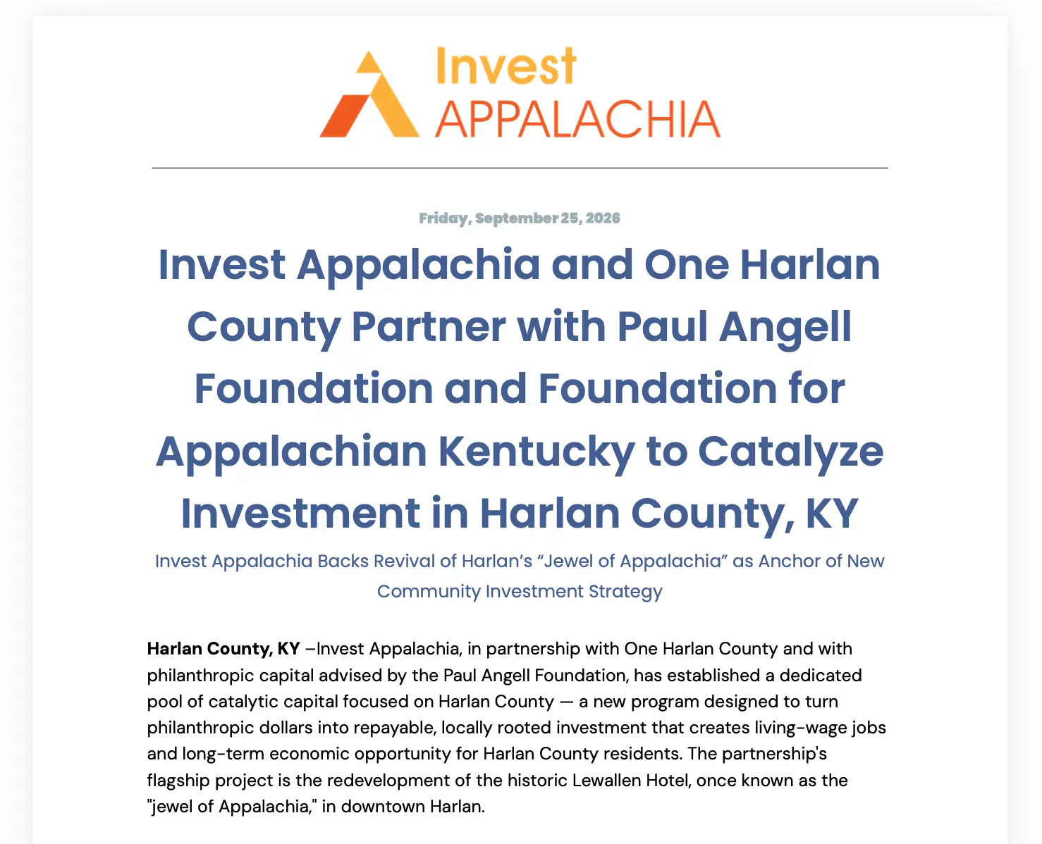 Screenshot 2026-09-25 at 113247 AM - Invest Appalachia Invest Appalachia logo and headline announcing a partnership to catalyze investment in Harlan County, Kentucky.
